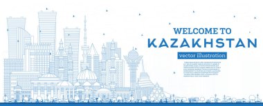Outline Welcome to Kazakhstan. City Skyline with Blue Buildings. Vector Illustration. Concept with Modern Architecture. Kazakhstan Cityscape with Landmarks. Nur-Sultan and Almaty.