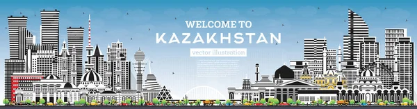 Welcome to Kazakhstan. City Skyline with Gray Buildings and Blue Sky. Vector Illustration. Concept with Modern Architecture. Kazakhstan Cityscape with Landmarks. Nur-Sultan and Almaty.