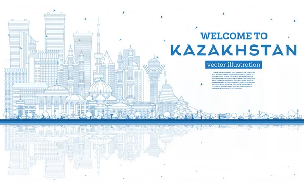 Outline Welcome to Kazakhstan. City Skyline with Blue Buildings and Reflections. Vector Illustration. Concept with Modern Architecture. Kazakhstan Cityscape with Landmarks. Nur-Sultan and Almaty.