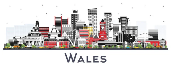 Уэльс Сити Скайлайн Серыми Зданиями Соединенными Белом Векторная Иллюстрация Концепция — стоковый вектор