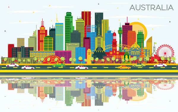 Australia City Skyline Color Buildings Blue Sky Reflections Vector Illustration — ストックベクタ