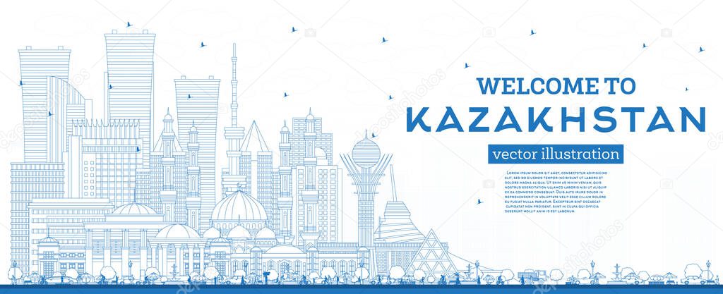 Outline Welcome to Kazakhstan. City Skyline with Blue Buildings. Vector Illustration. Concept with Modern Architecture. Kazakhstan Cityscape with Landmarks. Nur-Sultan and Almaty.