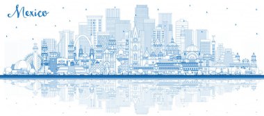 Outline Mexico Country Skyline with Blue Buildings and Reflections. Vector Illustration. Concept with Historic Architecture. Cityscape with Landmarks. Puebla. Mexico City. Tijuana. Guadalajara.