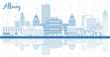 Outline Albany New York City Skyline with Blue Buildings and Reflections. Vector Illustration. Albany USA Cityscape with Landmarks. Business Travel and Tourism Concept with Modern Architecture.