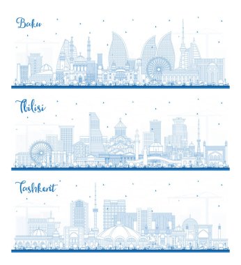 Tiflis Gürcistan, Taşkent Özbekistan ve Bakü Azerbaycan City Skyline Set with Blue Buildings.
