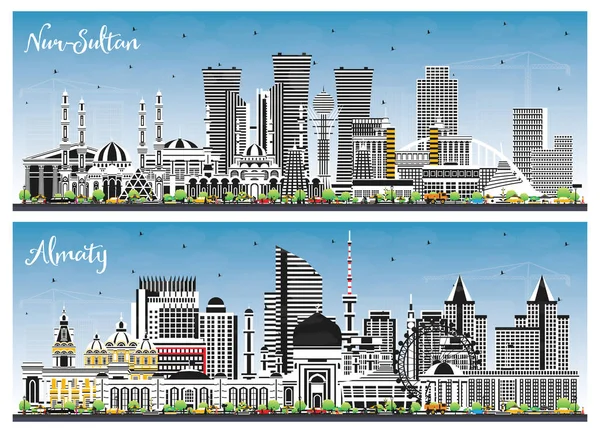 阿拉木图和努尔苏丹哈萨克斯坦市天际线设置与色彩建筑和蓝天 城市景观与地标 商务旅游与现代建筑的概念 — 图库照片