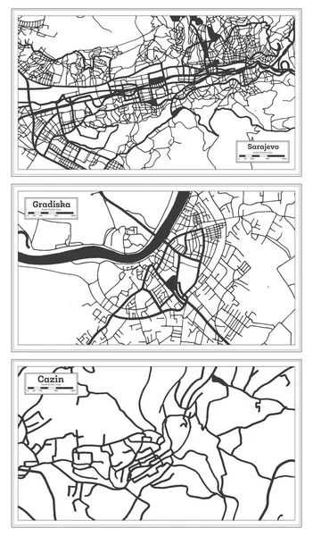 格拉迪斯卡 卡津和萨拉热窝 波斯尼亚和黑塞哥维那城市地图 背景为黑色和白色 复古风格 与白色隔离 概要图 — 图库照片