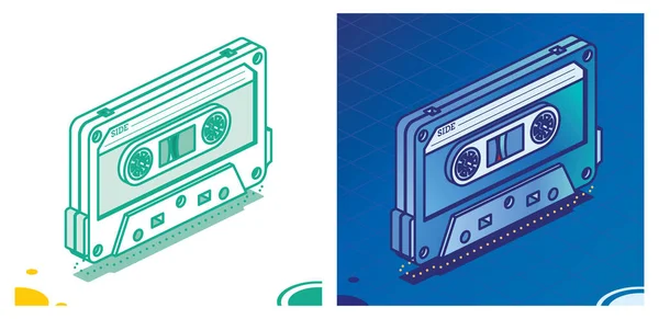 Retro Audio Cassette Tape Set. Isometric Outline Music Concept. Retro Device from 80s and 90s Isolated on White.