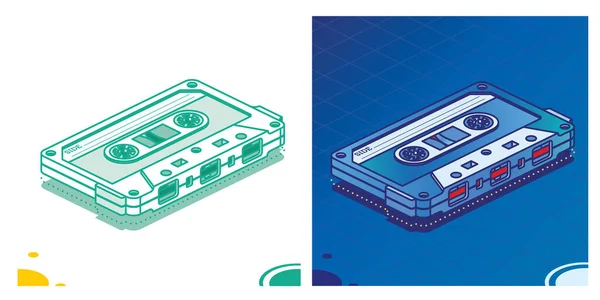 Retro Audio Cassette Tape Set. Isometric Outline Music Concept. Retro Device from 80s and 90s Isolated on White.