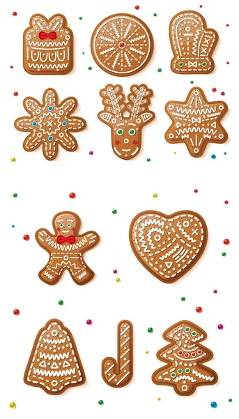 Set Gingerbread Christmas Cookies Isolated White Background Christmas Gift Box — Stock Photo, Image