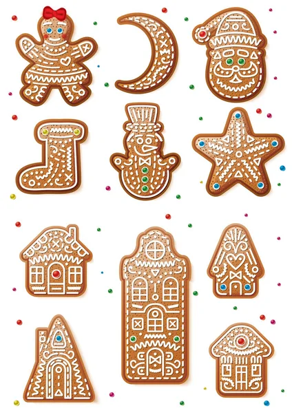 Set Lebkuchen Weihnachtsplätzchen Isoliert Auf Weißem Hintergrund Weihnachten Lebkuchenfrau Mond — Stockfoto