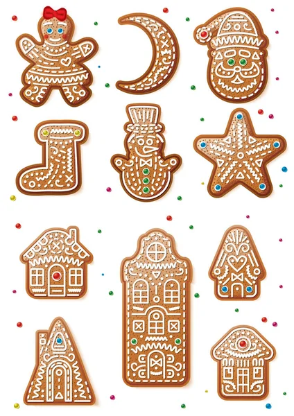 Set of Gingerbread Christmas Cookies Isolated on White Background. Christmas Gingerbread Woman, Moon, Snowman, Santa Claus, Boot and Star. Gingerbread Houses and Sweets.