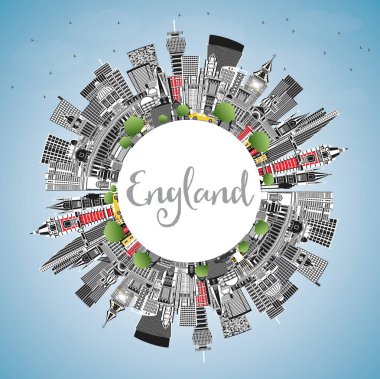 Gri Binaları, Mavi Gökyüzü ve Kopya Uzayı olan İngiltere Şehri Skyline. Vektör İllüstrasyonu. Tarih Mimarisi kavramı. Landmark 'lı İngiltere Şehri. Bristol. Leeds. Sheffield. Londra.