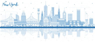 Outline New York USA City Skyline with Blue Buildings and Reflections. Vector Illustration. New York Cityscape with Landmarks. Business Travel and Tourism Concept with Modern Architecture.