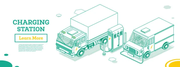 Electromobile Charging Station Isometric Outline Concept Vector Illustration Truck Van — Vetor de Stock