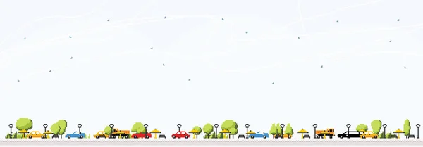 Pixel Art Landscape Cars Trees Blue Sky Panorama City Elements — Stockvektor