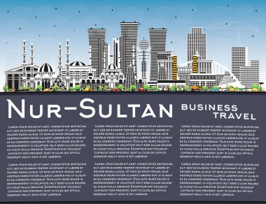 Renk Binaları, Mavi Gökyüzü ve Kopya Uzayı olan Nur-Sultan Kazakistan Şehri Skyline. Vektör İllüstrasyonu. Nur-Sultan Şehri 'nin simgeleri. Modern Mimari Konsepti.