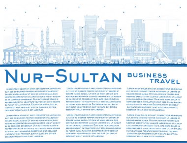 Mavi Binalar ve Kopya Uzayı ile Nur-Sultan Kazakistan City Skyline 'ın ana hatları. Vektör İllüstrasyonu. Nur-Sultan Şehri 'nin simgeleri. Modern Mimariyle Turizm Konsepti.
