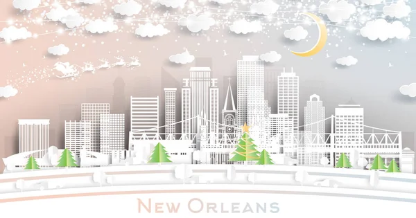 新奥尔良路易斯安那州天际线剪纸风格与雪花 月亮和霓虹灯加兰 病媒说明 圣诞节和新年的概念 雪橇上的圣诞老人 新奥尔良城市景观 — 图库矢量图片