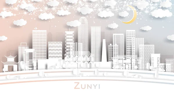 Zunyi China City Panorama Paper Cut Stylu Bílými Budovami Měsíc — Stockový vektor