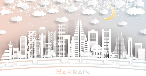巴林市天际线剪纸风格与白色建筑 月亮和霓虹灯加兰 病媒说明 旅行和旅游概念 巴林具有地标的城市景观 — 图库矢量图片