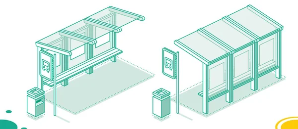 Isometric Bus Stop Outline Concept Isolated White Vector Illustration Front — Stock Vector