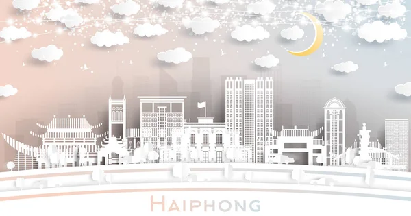 Haiphong Vietnam City Skyline Стиле Paper Cut Белыми Зданиями Луной — стоковый вектор