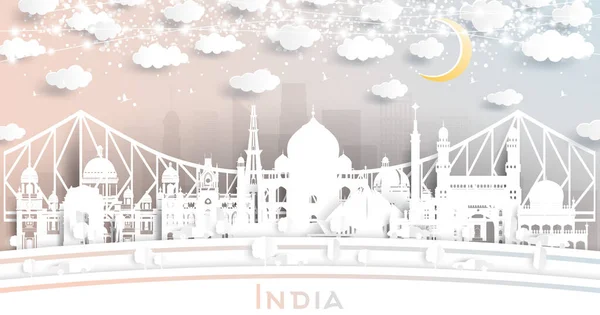 India City Skyline Style Paper Cut Avec Bâtiments Blancs Lune — Image vectorielle