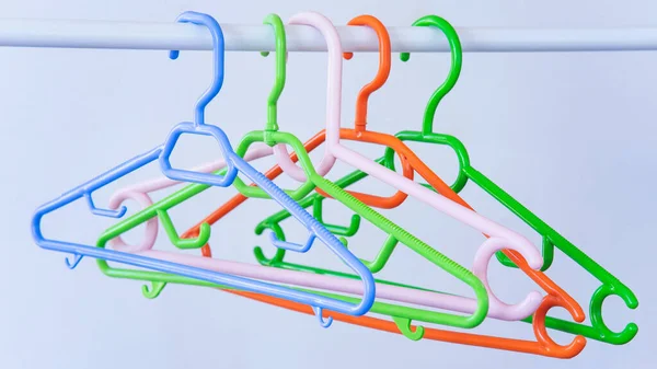 Colorful Clothes Hangers Empty Wardrobe Closeup — 스톡 사진