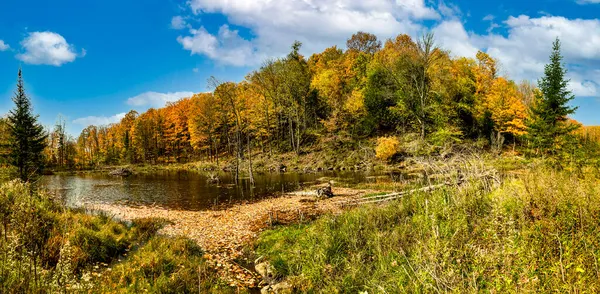 Kanadský Podzim Bobřím Jezeře Pod Kopcem Podzimem Pestrobarevným Lesem Modrou — Stock fotografie