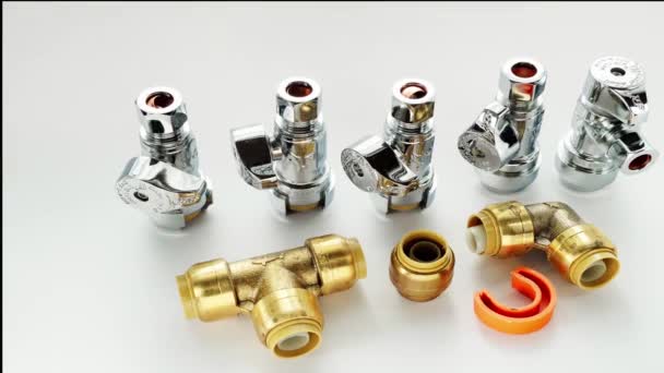 Brass Plumbing Fittings Pipes Elbows End Caps Top Side Connection — Stock Video