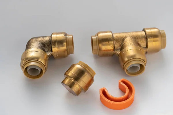 Brass Plumbing Parts Pipes Elbows Corners Plugs White Background — Stock Photo, Image