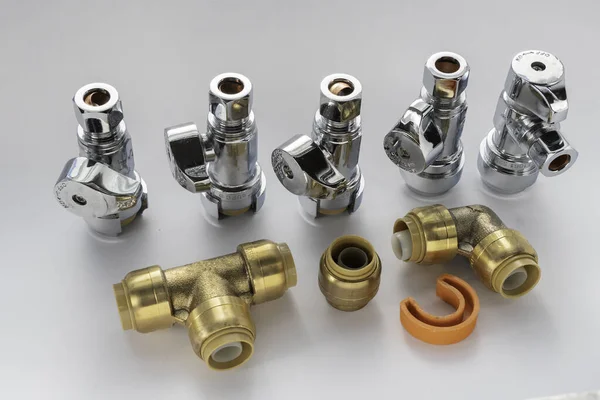 Brass Plumbing Fittings Pipes Elbows End Caps Top Side Connection — Stock Photo, Image