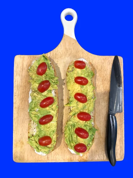 Sandwich Mayonnaise Avocado Cherry Tomatoes Knife Wooden Blue Background — Stock Photo, Image