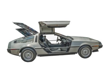 DeLorean DMC-12 car with doors up, back to the future movie car prototype isolate on white background