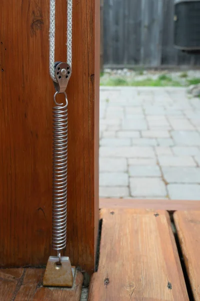 Cable Tensioner Spring Attached Floor Wooden Pole — Stok fotoğraf