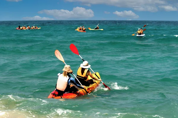 Kayak Lovers Gathered Sunday Large Group Kayaking Warm Sea — Zdjęcie stockowe