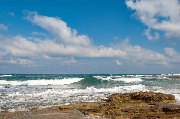 Fisherman Stands Fishing Rod Far Shore Mediterranean Sea — Stockfoto