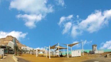 Panorama of the Dead Sea recreation center with retail outlets, hotels and central beaches