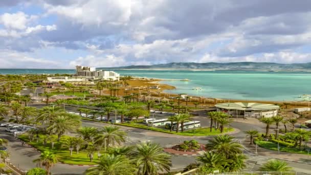 Panorama Dead Sea Hotel Complexes Beaches Shopping Malls Mountains Horizon — Wideo stockowe