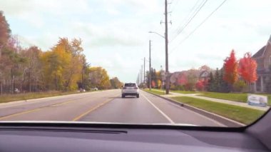 Sonbaharda güzel renkli ağaçların yanından arabalar geçer.