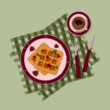 Ahududulu Belçika waffleları ve bordo bir tabakta krema şekeri ve yeşil kareli peçetede bir fincan kahve. Yağan karlı yeni yıl waffle 'ları.