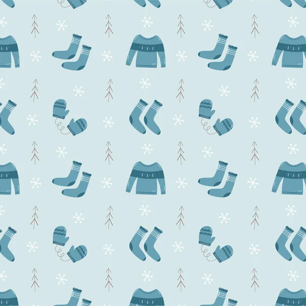 Зимний Бесшовный Узор Голубых Цветах Свитера Носки Деревья Украшенные Перчатки — стоковый вектор