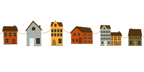 Renkli Skandinav Evleri Beyaz Arka Planda Çelenkleri Olan Evler — Stok Vektör