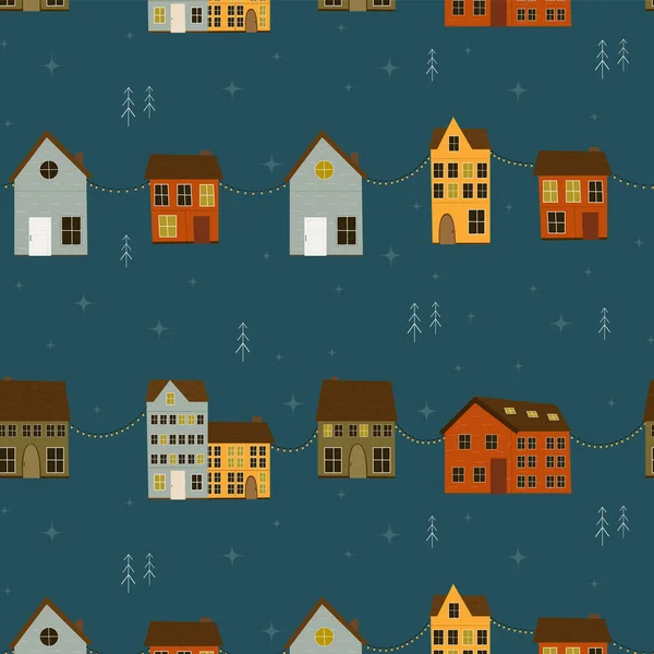 Зимняя Картина Красочные Скандинавские Дома Рождественские Елки Звезды Тёмном Фоне — стоковый вектор