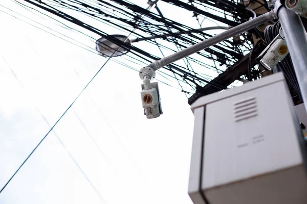 Selective Focus Cctv Camera Blurry Control Box Many Cable — ストック写真