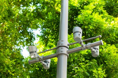 Kamu lambası, spot ışığı ve gökyüzü, bulanık gökyüzü ve ağaç zeminli lamba ve spot ışığı. Park.