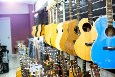 Guitars hanging in musical showroom at musical instrument store.