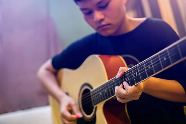 Selective Focus Finger Asian Teenage Playing Acoustic Classical Guitar Studio — Stock Photo, Image