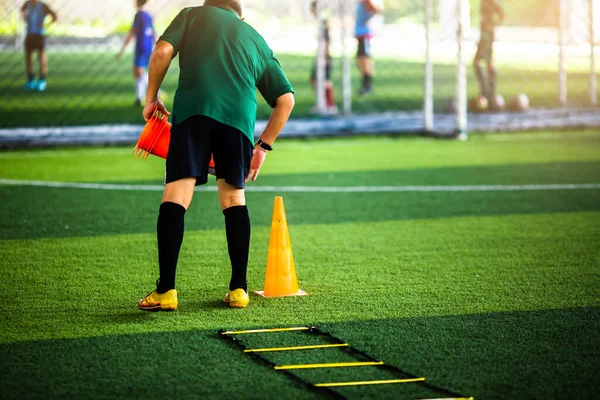 Coach Putting Marker Cones Soccer Training Run Jump Football Academy — 스톡 사진